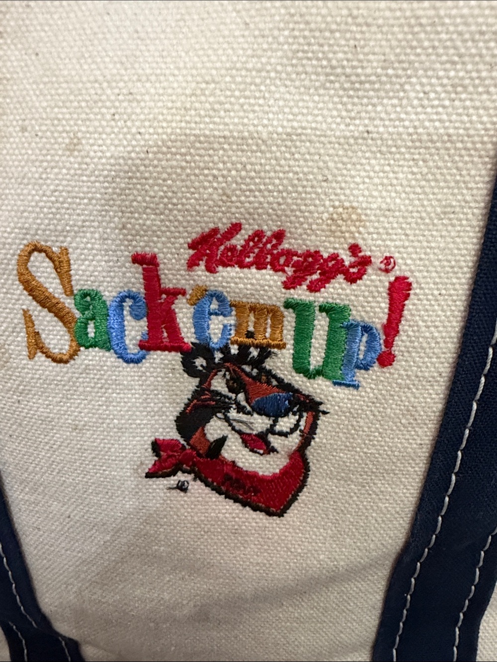 L.L. Bean Vtg Cream Canvas Tote with Navy Handles and Kellogg's Patch sack Em up - Picture 2 of 9